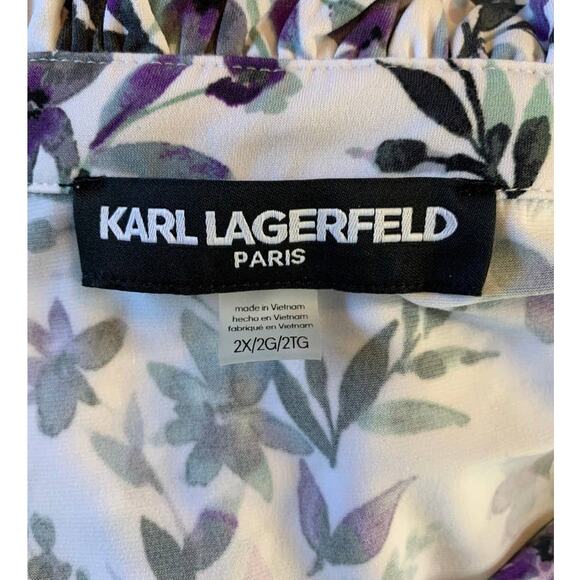 Karl Lagerfeld White Floral Jersey Tie-Neck Short Sleeve Blouse Plus Size 2X - Picture 5 of 8